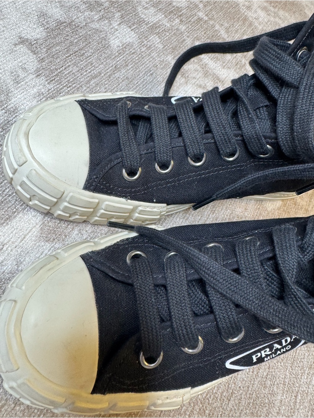 Prada Black Canvas High-Top Sneakers with Cream Sole/ No Box - Picture 3 of 6